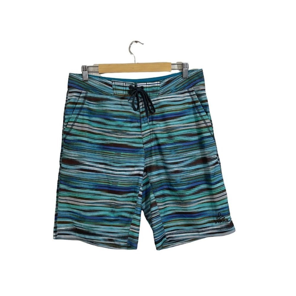 PrAna 33 Linear Hybrid Shorts Swim Trunks Blue Jay Striped 4 Way Stretch